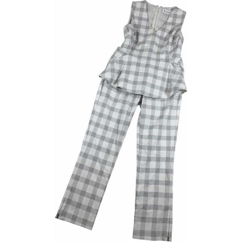 New York & Company 7th Avenue Plaid Peplum Top & Pants Set White Black XS 2